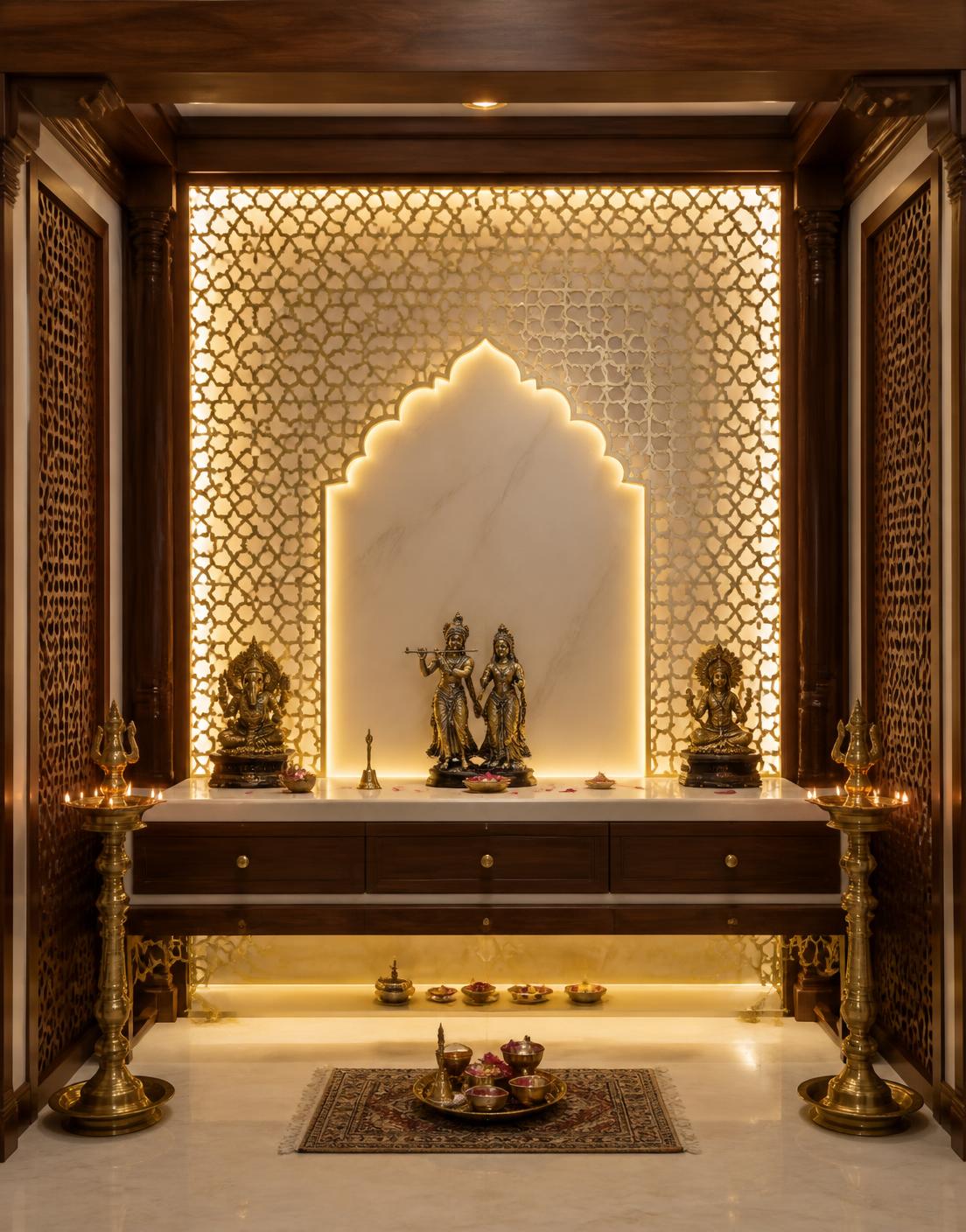 Teak & Marble Pooja Unit interior detail